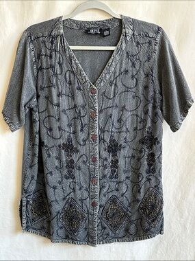 MPH Collection charcoal gray short sleeve button-down top, size L